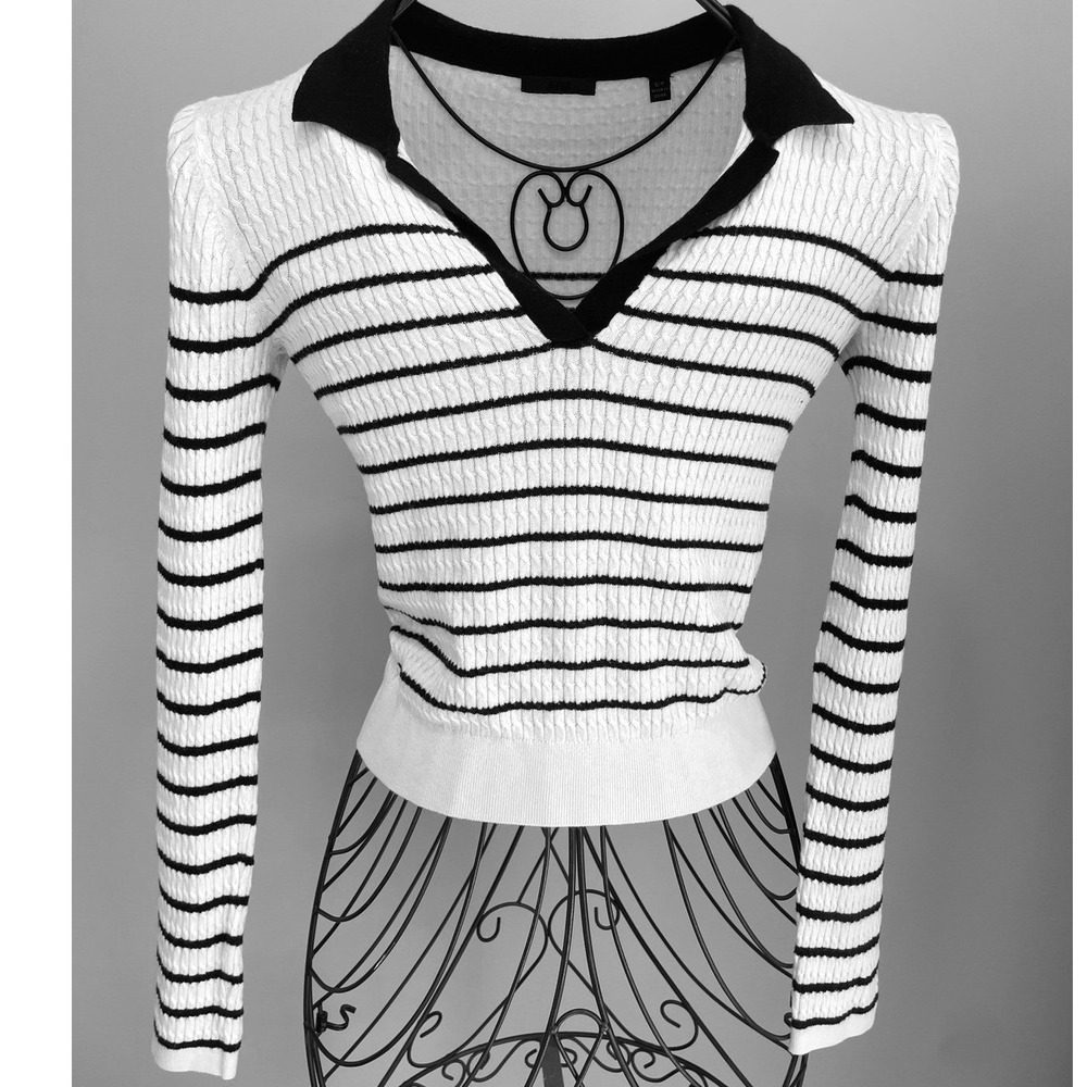 ATM‎ Anthony Thomas Melillo Sweater Small Retail $325 Striped V-Neck Black White